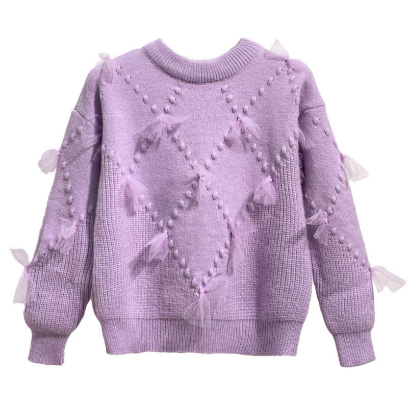 Girls Lace Bowknot Argyle Cable Knit Sweater