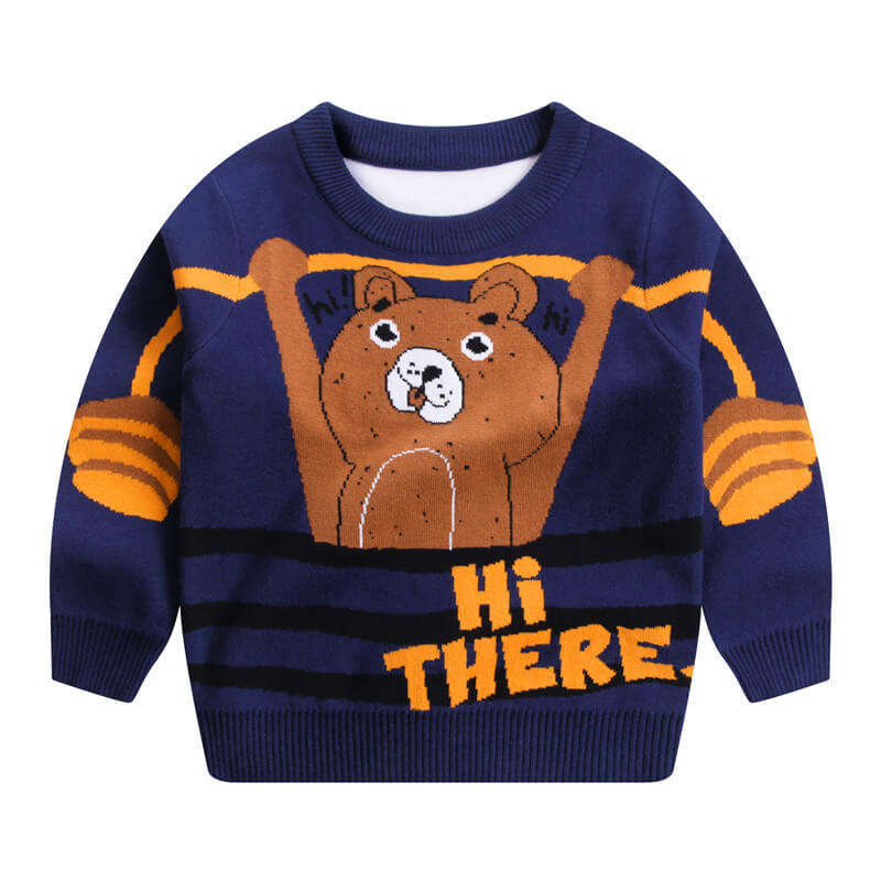 Boys Cute Weightlifting Bear Pattern Lined Cotton Thick Sweater
