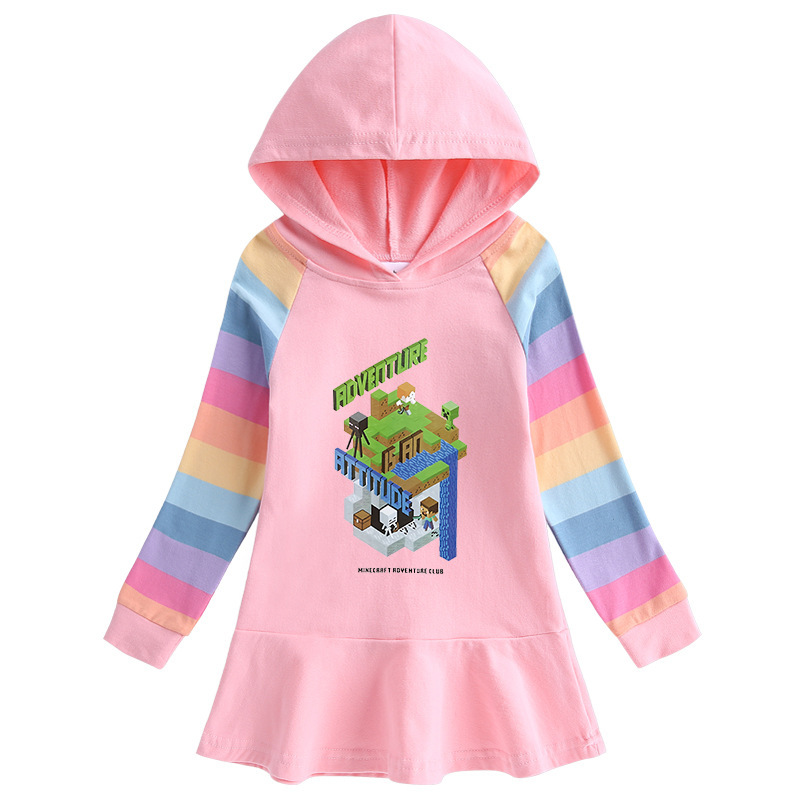Minecraft Club House Print Little Girls Rainbow Sleeve Hooded Dress