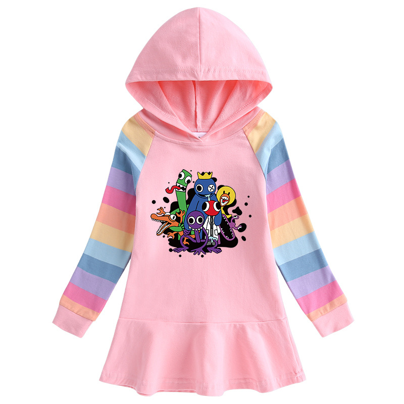 Little Girls Rainbow Sleeve Friends Print Hooded Sweatshirt Dress
