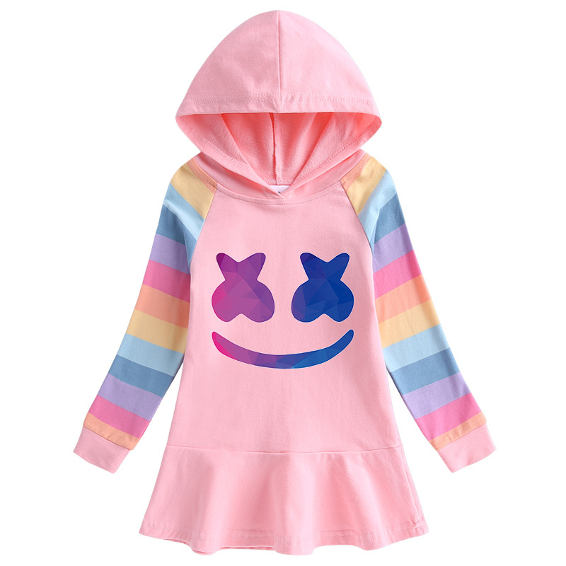 Little Girls Smile Face Marshmello Print Rainbow Sleeve Hooded Dress