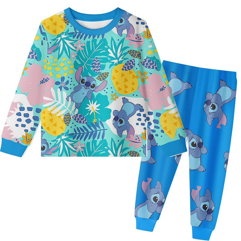Boys Girls Tropical Plants And Stitch Print Long Sleeve Pajamas Set