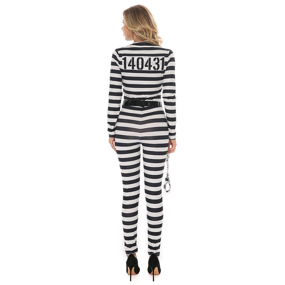 Female Prisoner Striped Leotard Womens Halloween Cosplay Dance Costume