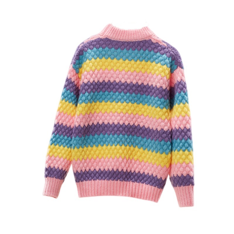 Girls Rainbow Stripes Cable Knit Round Neck Thick Sweater