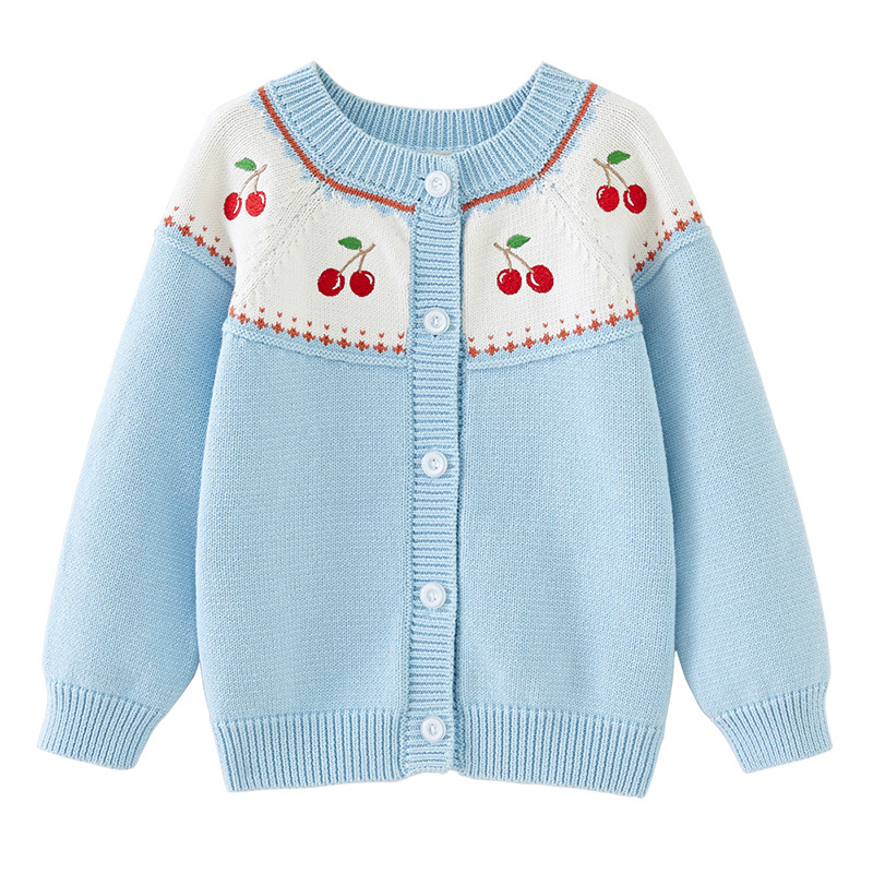 Kids Cherry Pattern Blue White Color Block Cardigan Cotton Sweater