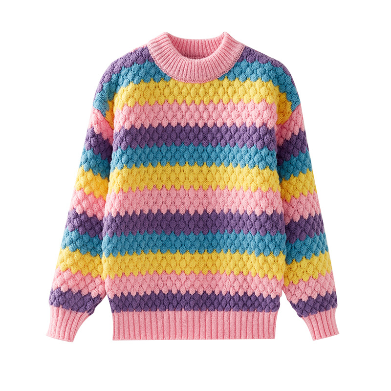 Girls Rainbow Stripes Cable Knit Round Neck Thick Sweater