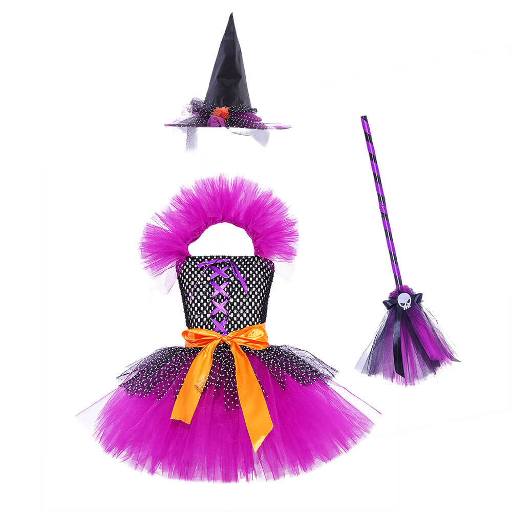 Girls Purple Witch Tutu Dress Kids Halloween School Cosplay Costume