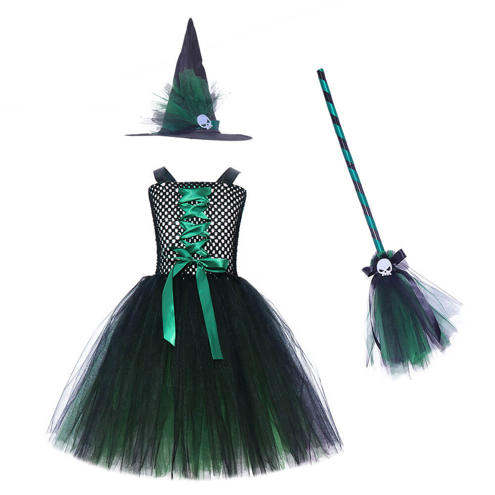 Girls Witch Tutu Dress Kids Halloween Cosplay School Play Costume