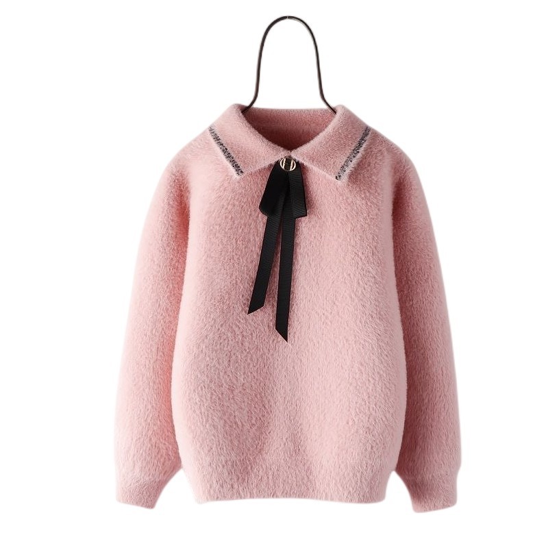 Girls Pink White Shirt Collar Sweater With Bow Tie For Kid
