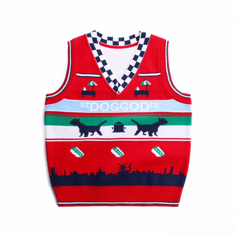 Boys Red Blue Dog God Pattern Sweater Vest