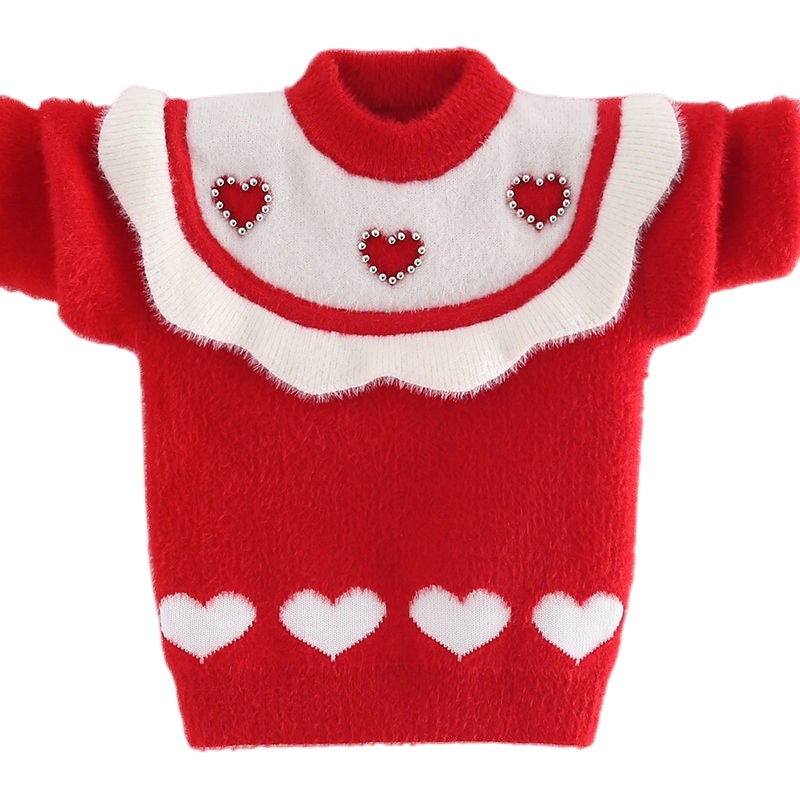 Girls Beaded Heart-Shaped Flower Collar Thick Fleece Lined Sweater
