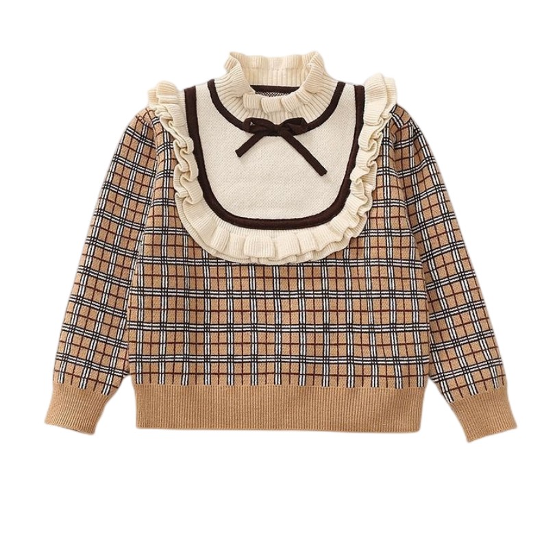 Girls Checked Pattern Ruffle Bowknot Thick Warm Cashmere Sweater