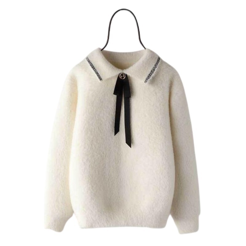 Girls Pink White Shirt Collar Sweater With Bow Tie For Kid