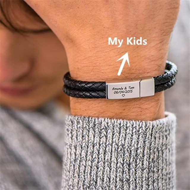 Engraved Bracelet for Men in Stainless Steel and Black Leather