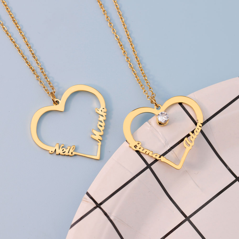 Mother's Day Gift Contour Heart Pendant Necklace with Two Names