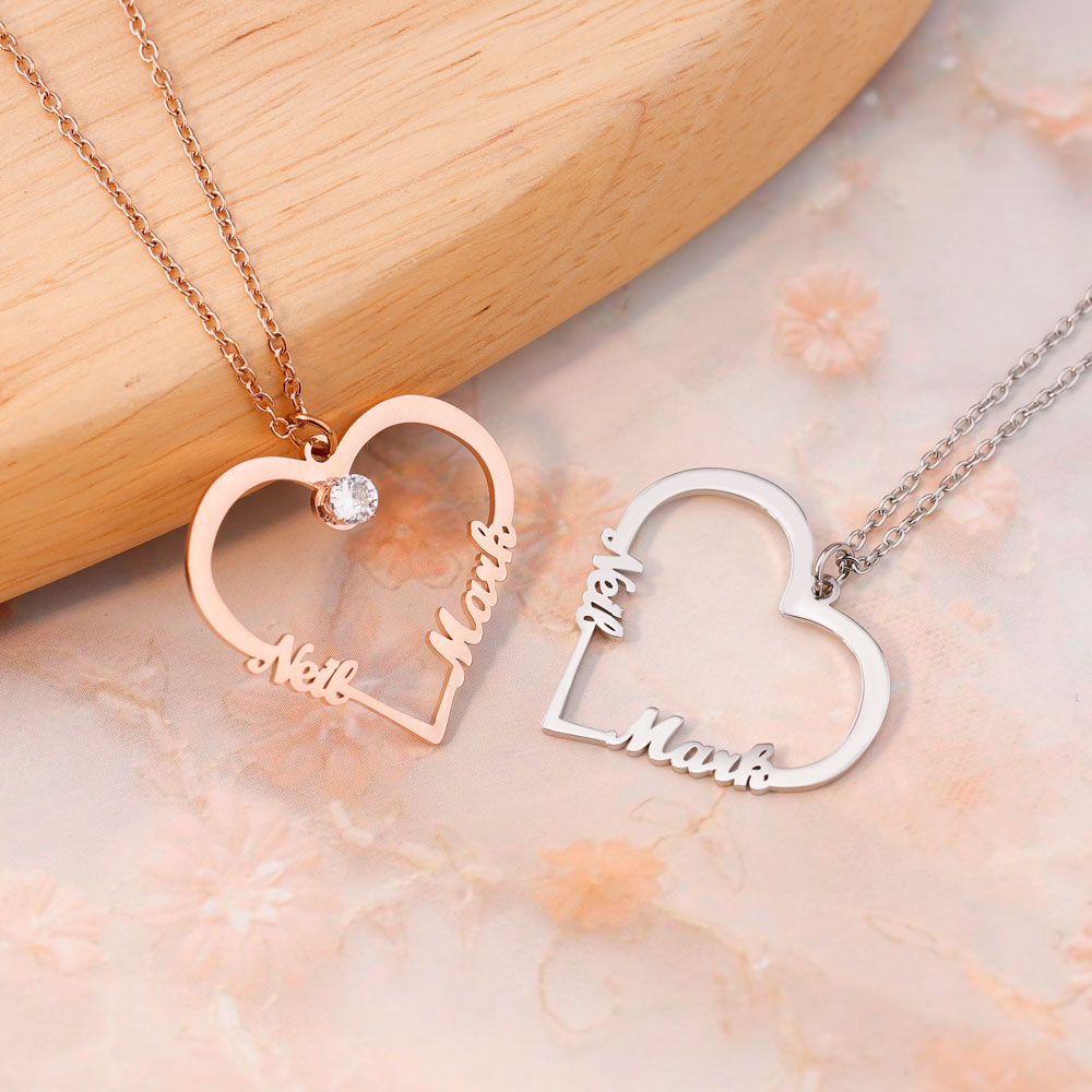 Mother's Day Gift Contour Heart Pendant Necklace with Two Names