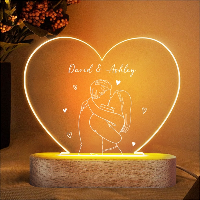 Couple Kissing Outline Personalized Heart Plaque LED Night Light, Acry