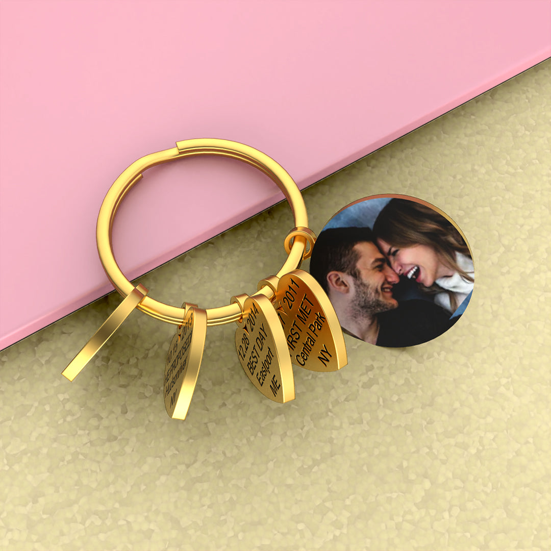 "Our Memory" Personalized Engraved Photo Keychain with Sweetheart Charm