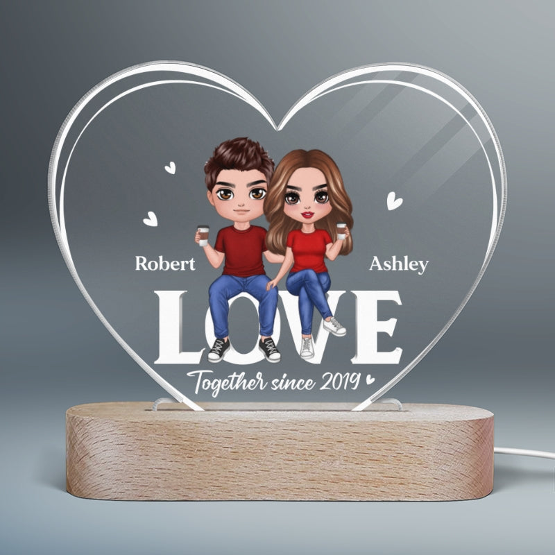 Doll Couple Sitting On Word Love Personalized Heart Plaque with LED Ni