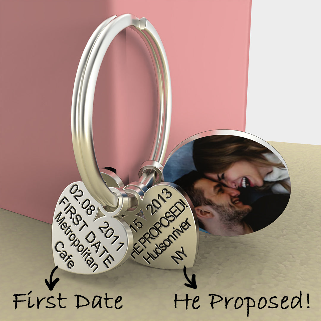 "Our Memory" Personalized Engraved Photo Keychain with Sweetheart Charm