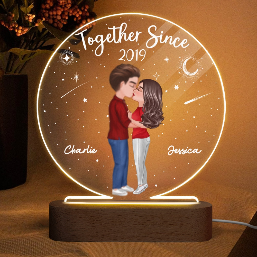 Doll Couple Kissing Personalized Circle Acrylic Plaque With LED Night 