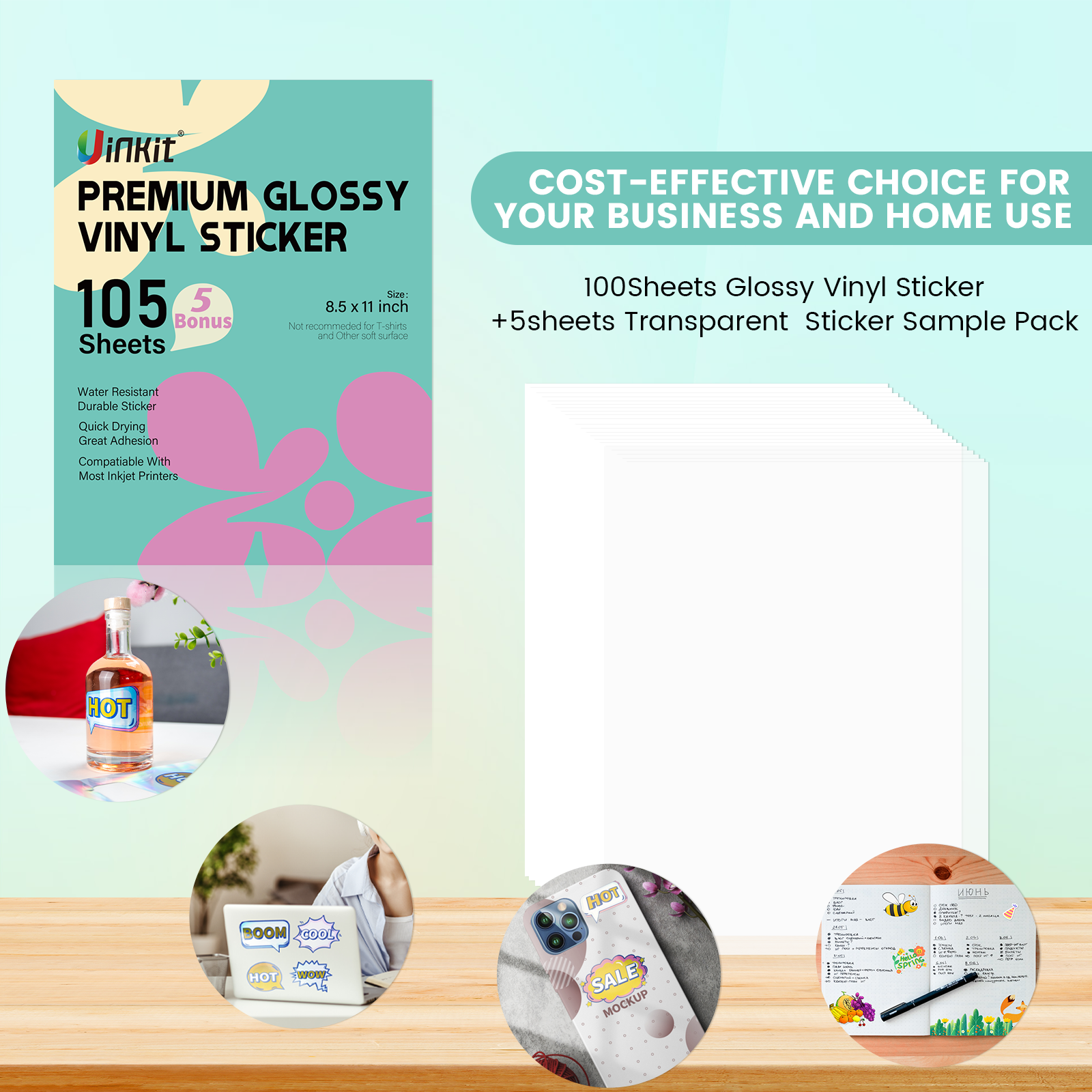 Uinkit 105Sheets Premium Printable Glossy Vinyl Sticker Paper for Inkjet  Printer