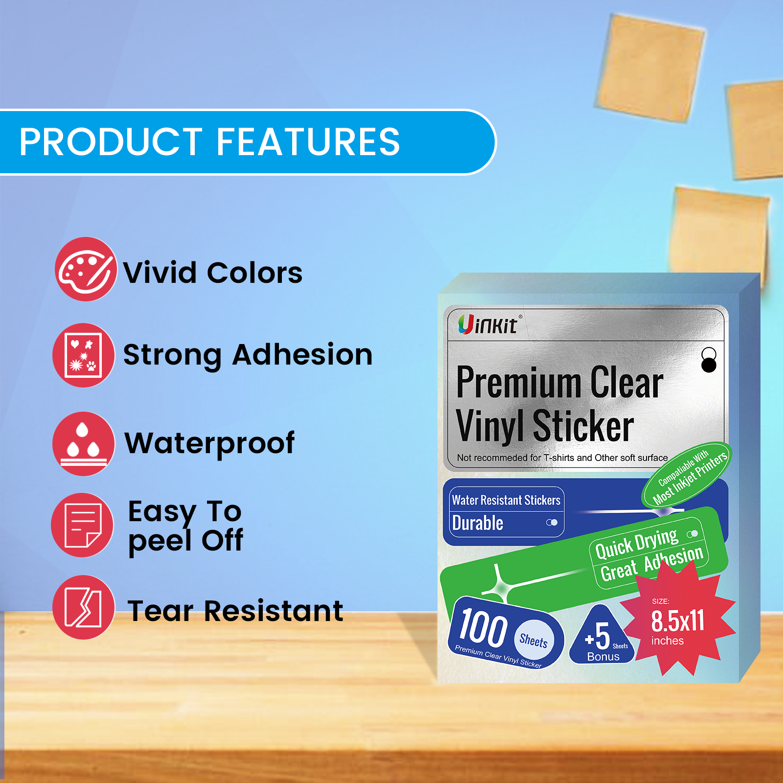 Uinkit Premium Clear Vinyl Sticker Paper for Inkjet Printer - 100 Shee