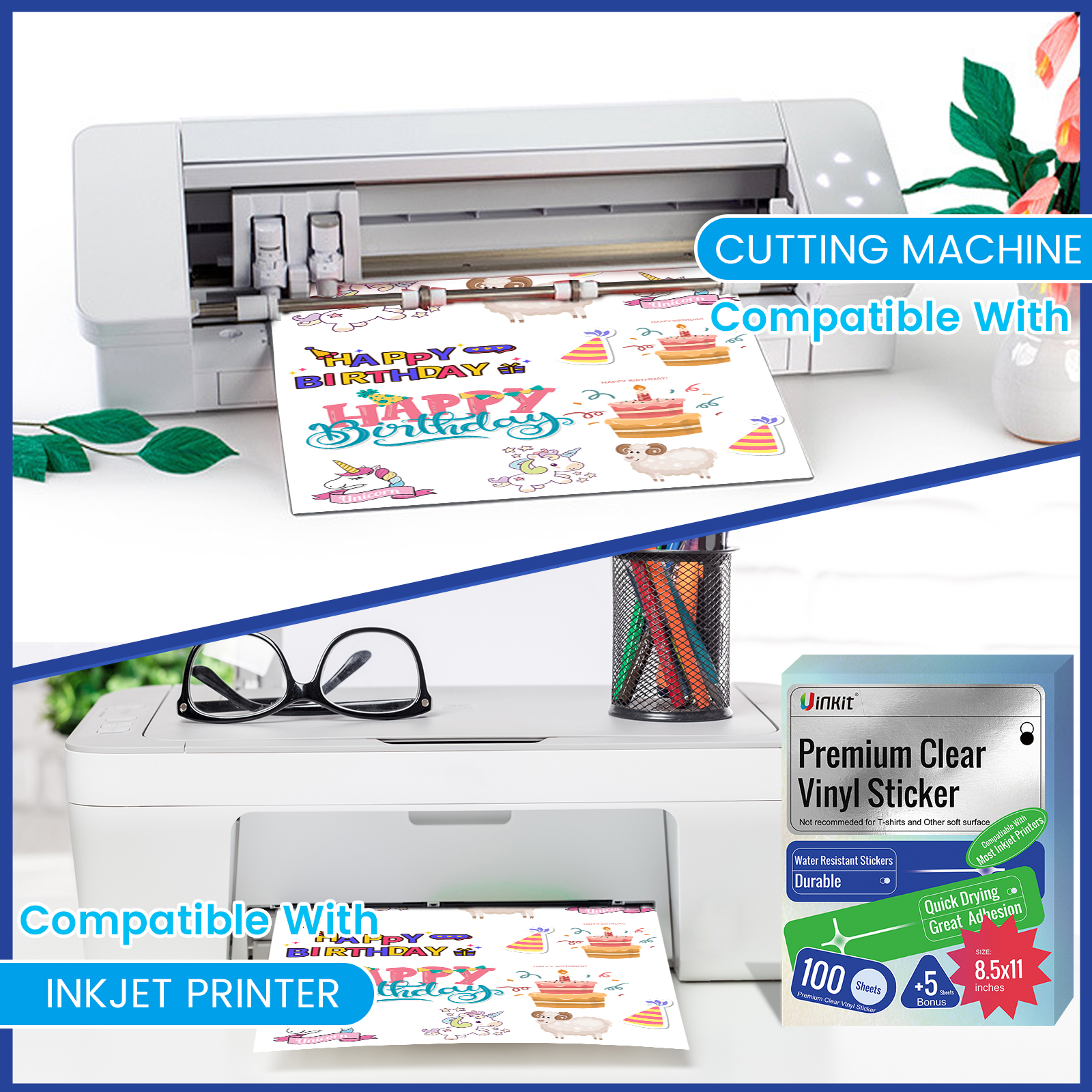 Uinkit Premium Clear Vinyl Sticker Paper for Inkjet Printer - 100 Shee