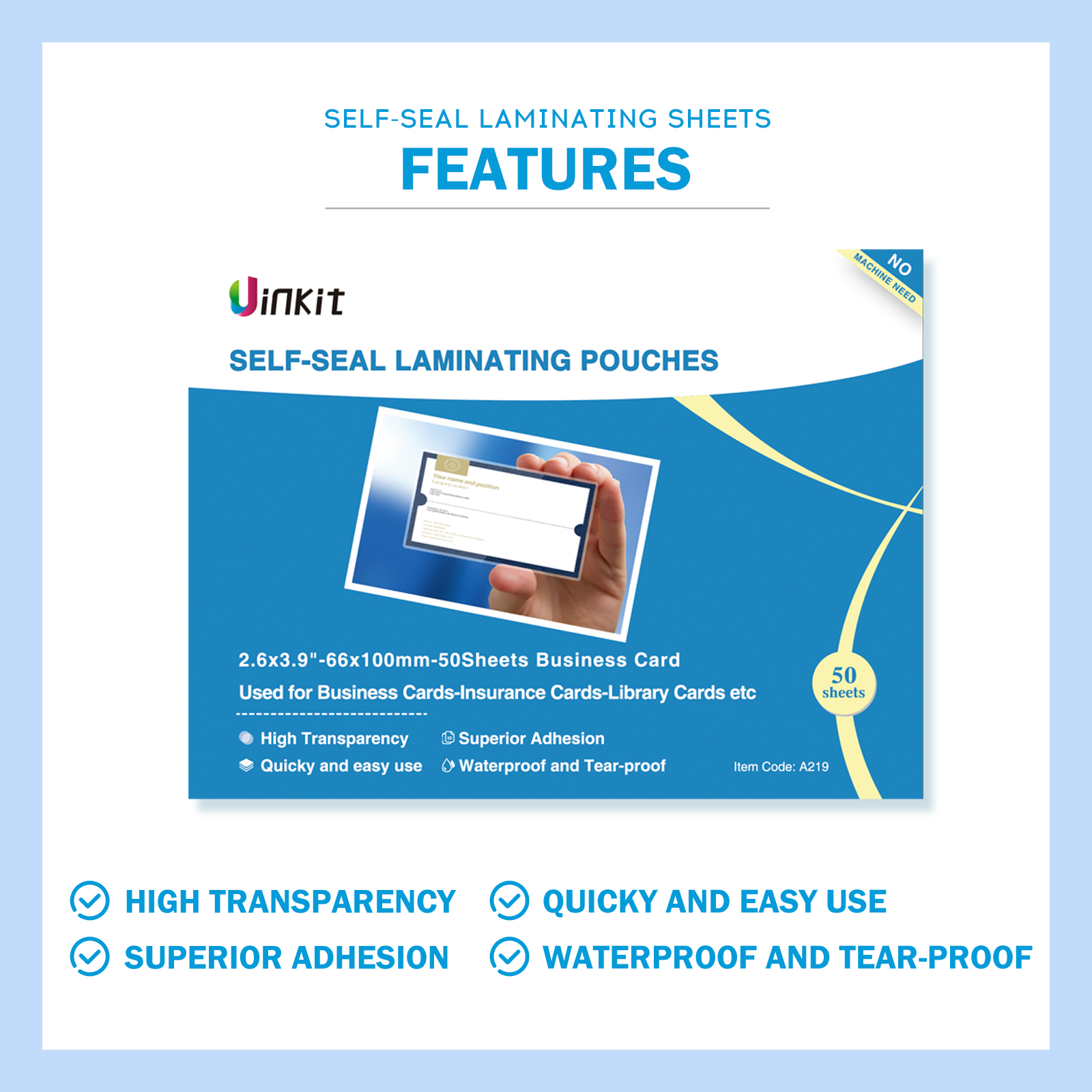 Uinkit Self Sealing Laminating Pouches Self Adhesive Laminating Sheets  2.6x3.9 / 10 x11.5 Size 10Mil Thick Gloss Finish No Machine Need (2.6x3.9Inchesx50Pack)