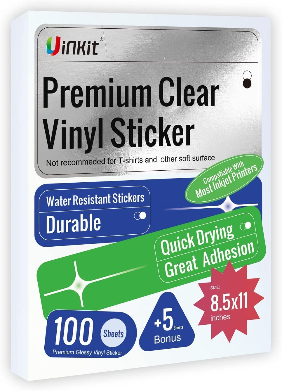 Uinkit Premium Clear Vinyl Sticker Paper for Inkjet Printer - 100 Shee