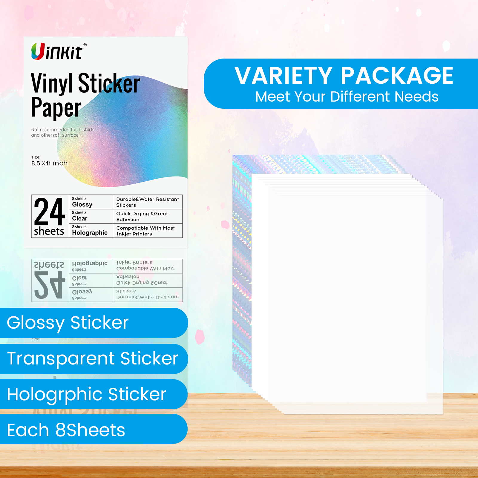 Holographic Vinyl Sticker Paper 20 Sheets 8.5 x 11 Waterproof Printable Paper for Inkjet & Laser Printer, Dries Quickly, Self Adhesive, Cut with