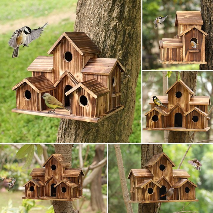 6 Hole Handmade Natural Bird House for Backyard/Courtyard/Patio Decor