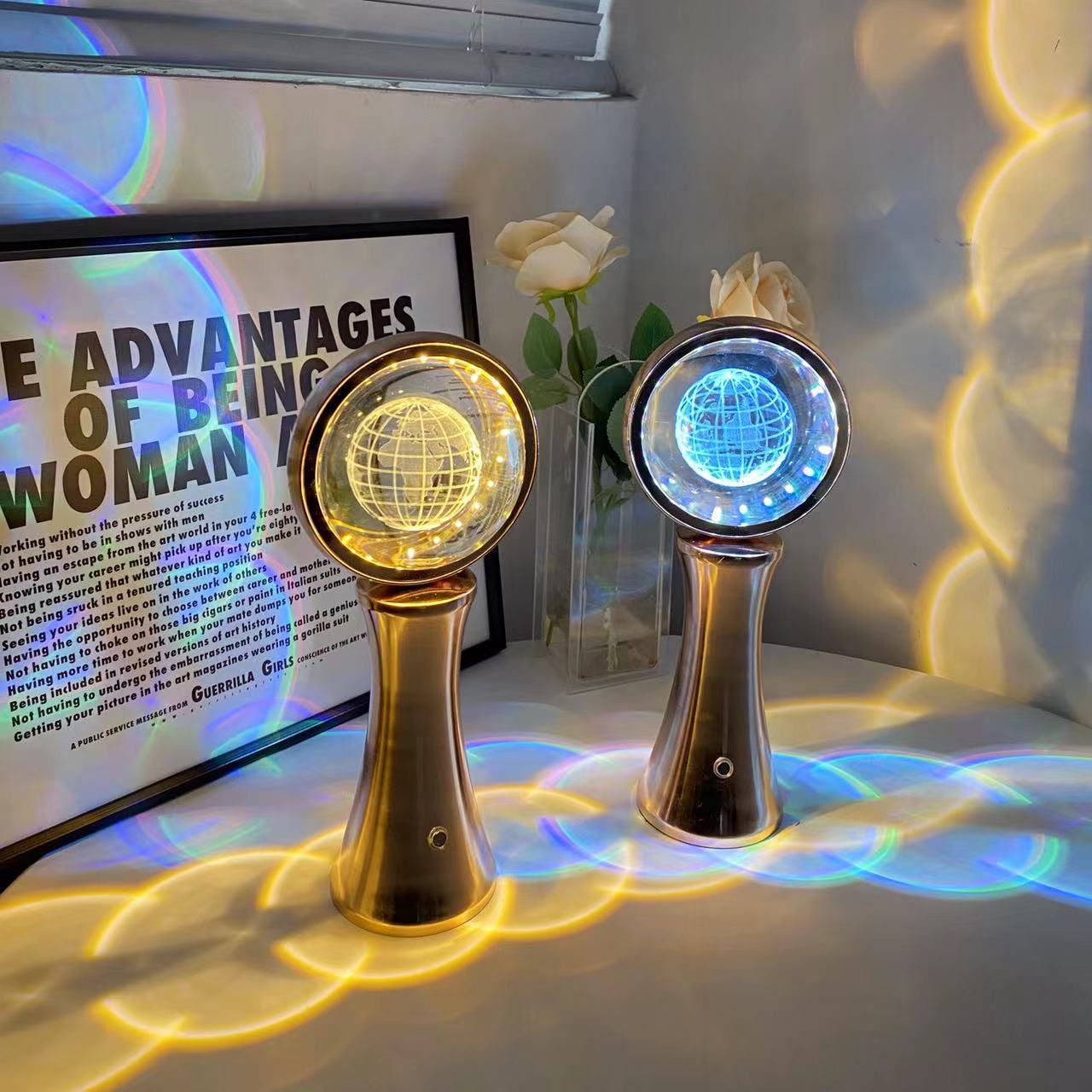 3D Crystal Globe Rotating Night Light RGB Charging