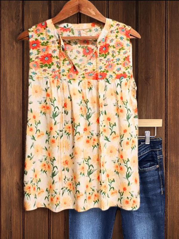 Floral Print Panel Pleated Tank Top