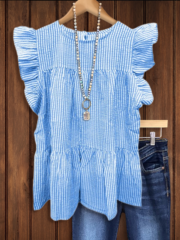 Striped Layered Pleated Ruffle Top In Blue