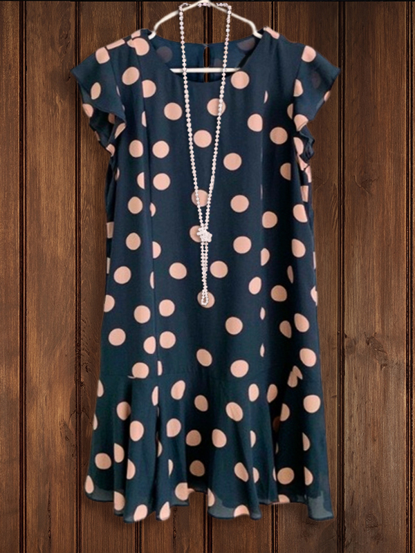 Navy Blue With Pink Polka Dots Ruffle Dress