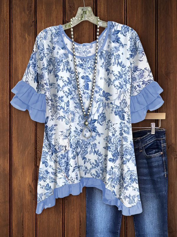 Blue and White Porcelain Print Ruffle Top