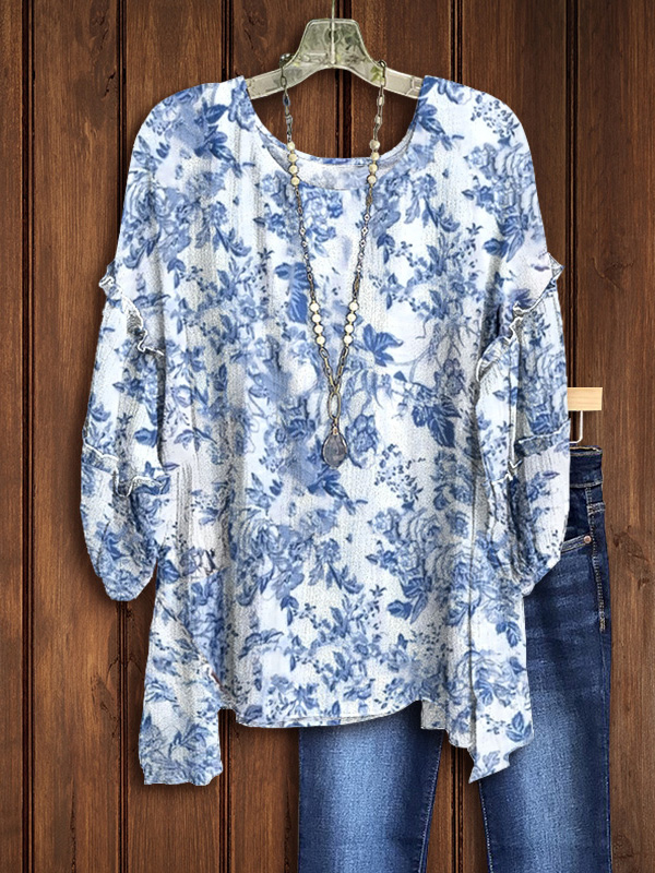 Blue and White Porcelain Printed Chiffon Top
