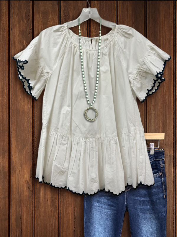 Ruffle Sleeve White And Navy Top