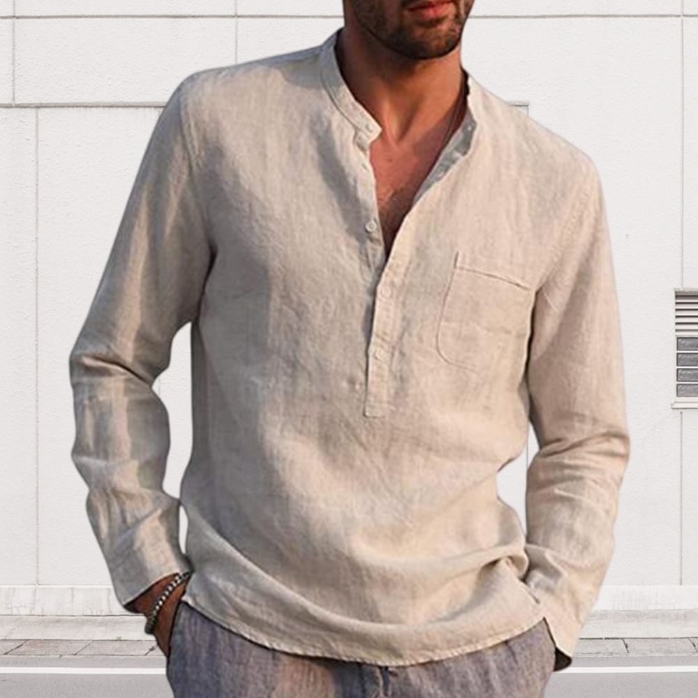 Diggetty Men's Long Sleeve V Neck Casual Beach Linen Shirt