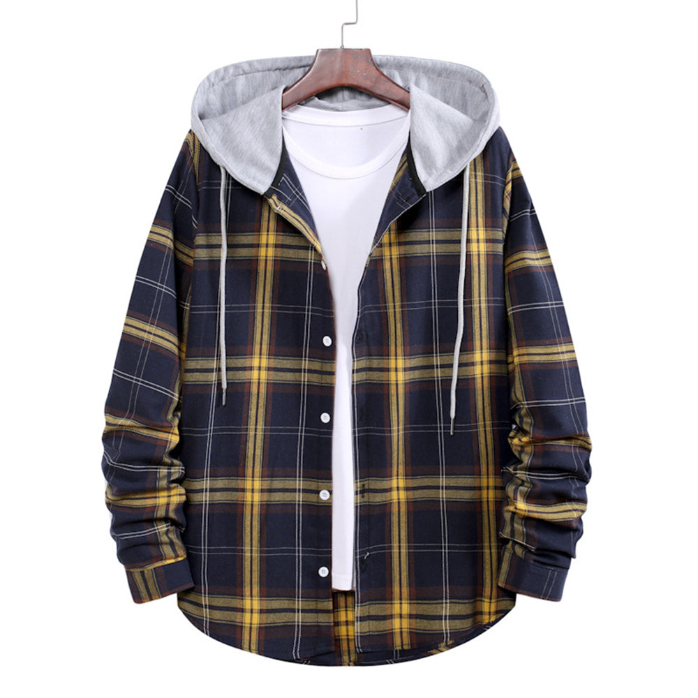 Men's Plaid Hooded Long Sleeve Shirt Jacket