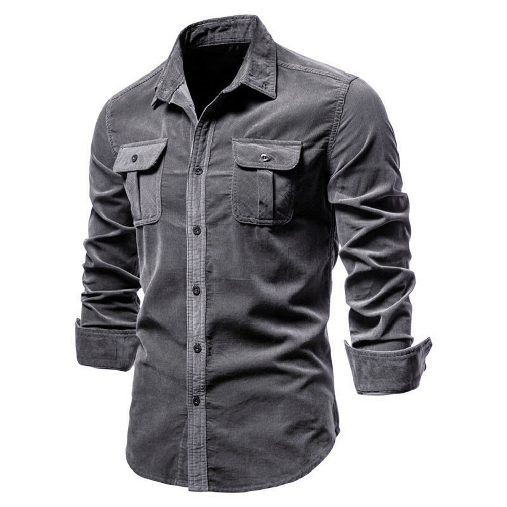 New men's fashion casual pocket corduroy shirt