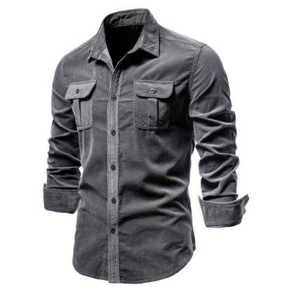 New men's fashion casual pocket corduroy shirt