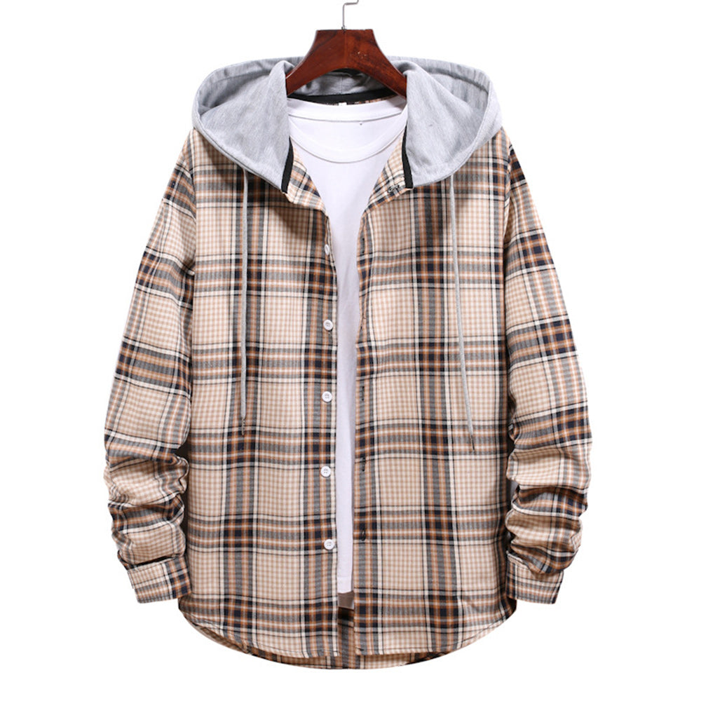 Men's Plaid Hooded Long Sleeve Shirt Jacket