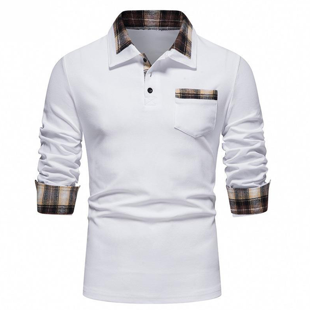 Diggetty New Men's Plaid Long Sleeve Color Matching Polo Shirt