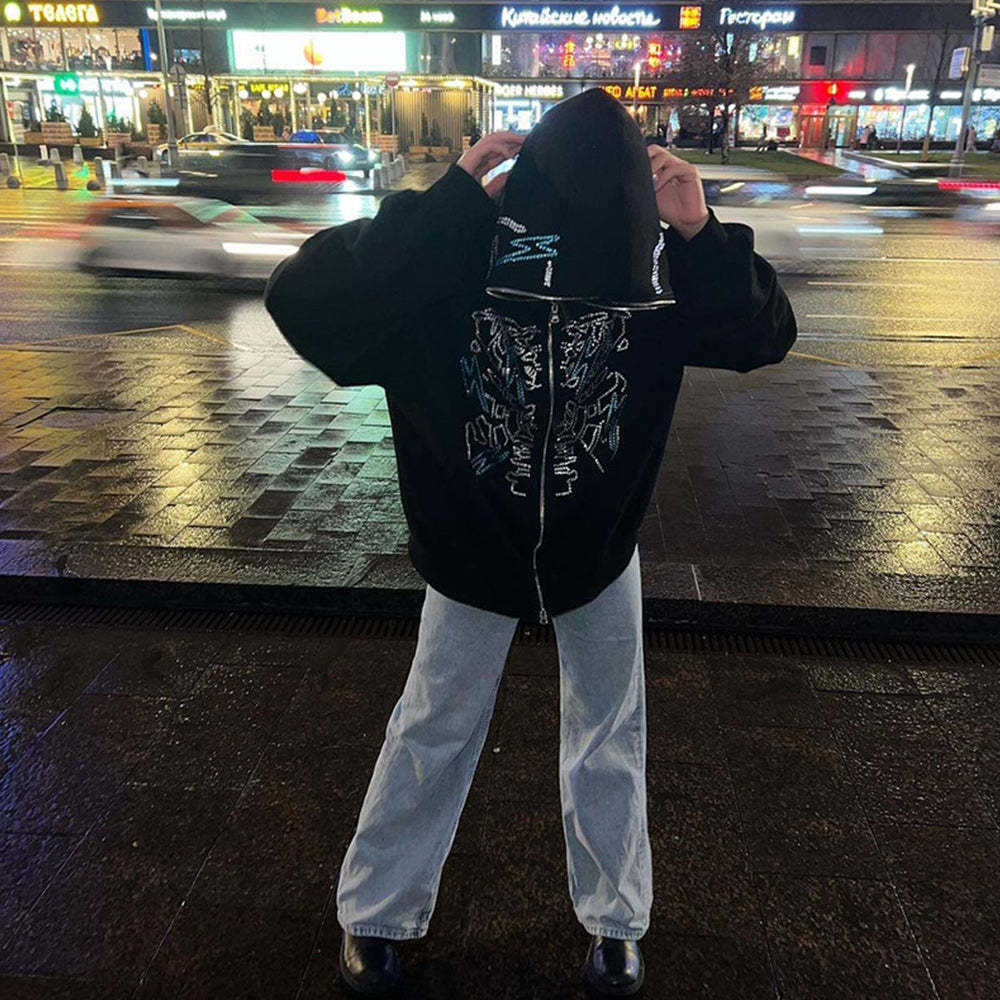 Rhinestone Skull Zip-Up Oversized Coat