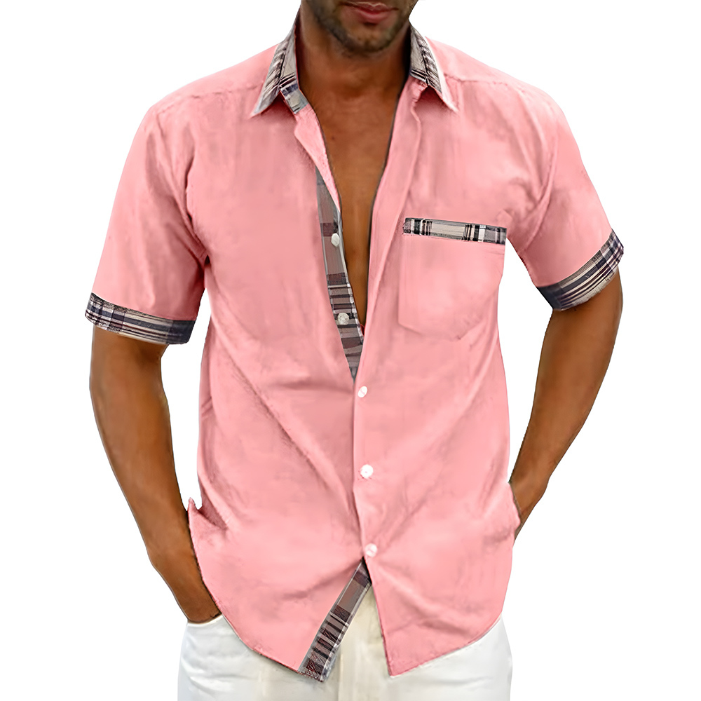 New summer men's solid color casual plaid shirt