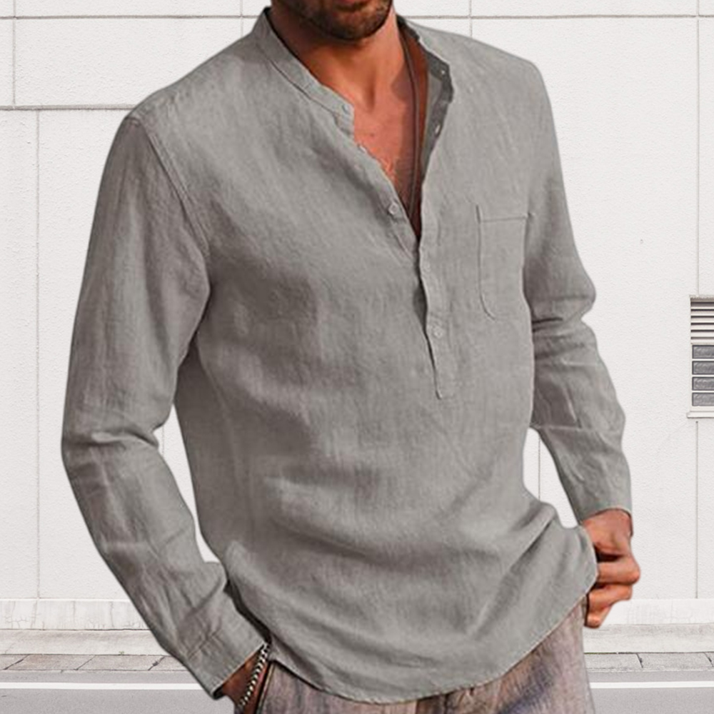 Diggetty Men's Long Sleeve V Neck Casual Beach Linen Shirt