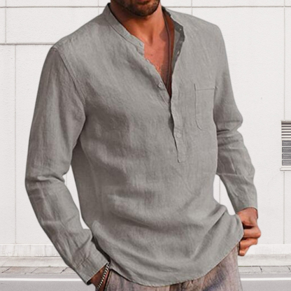 Diggetty Men's Long Sleeve V Neck Casual Beach Linen Shirt