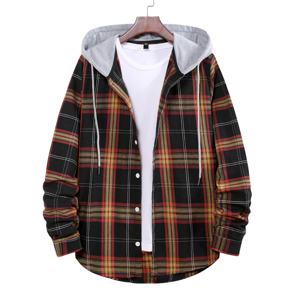 Men's Plaid Hooded Long Sleeve Shirt Jacket